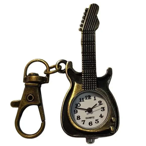 🎸 Guitar Pocket Watch Guitarist Player Clip Keychain Fender Vintage Music Band - Picture 4 of 7